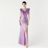 Women Floral Mesh See-Through Slit Mermaid Evening Dress