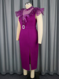 Women Half-High Neck Beaded Mesh Patchwork Split Party Dress