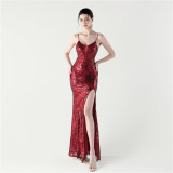 Women Fishbone Lace-Up Cross Back Slit Sequin Evening Dress