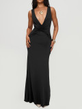 Women Sexy V-Neck Halter Neck Backless Pleated Maxi Fishtail Dress