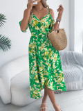 Women spring and summer off-shoulder cross v-neck flower suspender Holidays dress