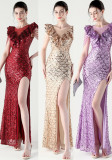 Women Floral Mesh See-Through Slit Mermaid Evening Dress
