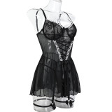 Women Lace-Up Cross Bow Mesh Ruffle Nightdress sexy lingerie Four-piece Set