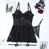 Women Lace-Up Cross Bow Mesh Ruffle Nightdress sexy lingerie Four-piece Set