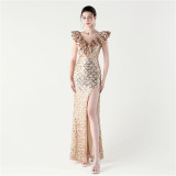 Women Floral Mesh See-Through Slit Mermaid Evening Dress