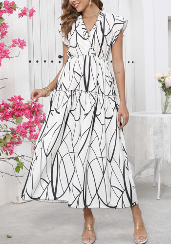 Women summer printed v-neck ruffled dress