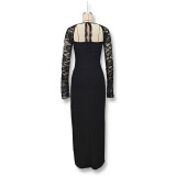 Women Autumn Sexy Slit Lace Patchwork Dress
