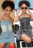 Women Vintage Stretchy Washed Denim Strapless Crop Top and Skirt Two Piece Set