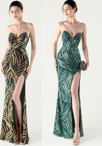 Women Beaded Sequined Wrap Dinner Party Evening Dress