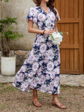 Women V-neck ruffle print Holidays dress