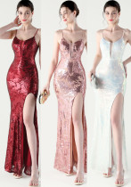 Women Fishbone Lace-Up Cross Back Slit Sequin Evening Dress