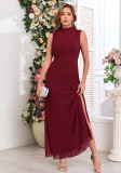 Women spring Summer Stand Collar Sleeveless elegant chiffon zipper slit evening dress