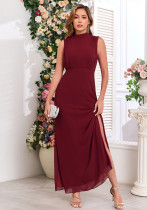 Women spring Summer Stand Collar Sleeveless elegant chiffon zipper slit evening dress Women spring Summer Stand Collar Sleeveless elegant chiffon zipper slit evening dress