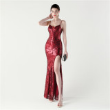 Women Fishbone Lace-Up Cross Back Slit Sequin Evening Dress