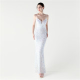 Women Sequined Beaded Party Wedding Dinner Suspender Evening Dress