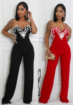 Women Spring/Summer Strapless V-Neck Print Zipper Bell Bottom Jumpsuit