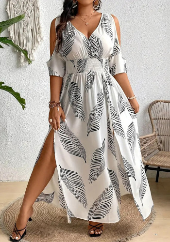 Plus Size Women V-neck sexy print elegant v-neck sleeveless off-shoulder slit dress