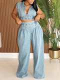 Women Denim Sexy Sleeveless Top and Pants Two Piece Set
