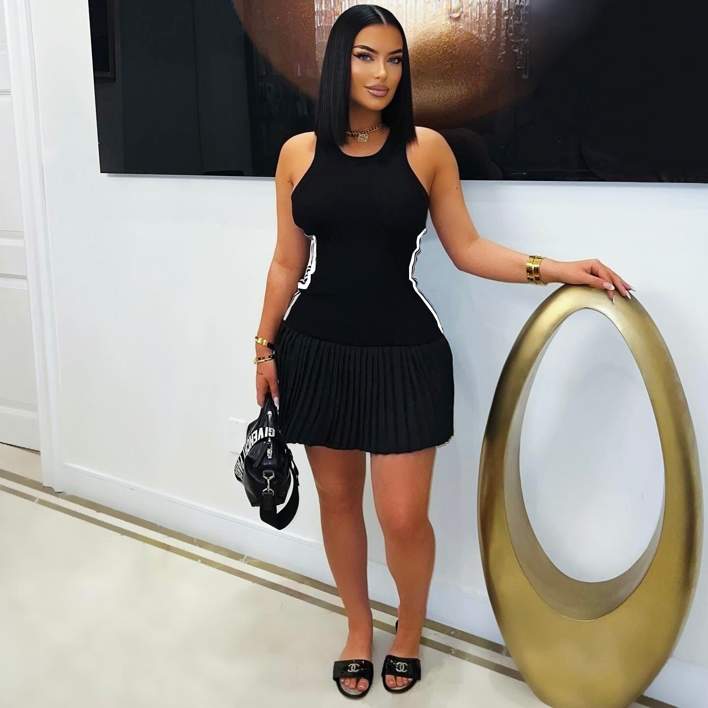 Ribbed Sleeveless Pleated Dress for Summer Casual Wear