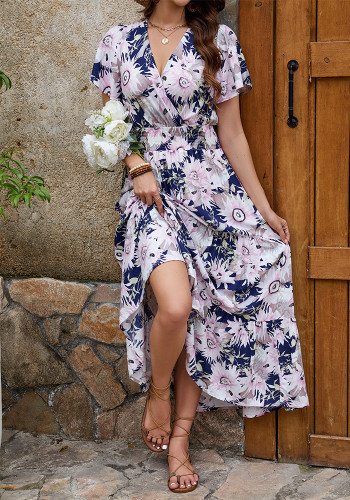 Women V-neck ruffle print Holidays dress