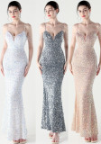 Women Sequined Beaded Party Wedding Dinner Suspender Evening Dress