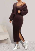 Women knitting braided suspender skirt and long-sleeved jacket two piece set