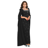 Women Back Slit Cape Sleeve Beaded Elegant Dress