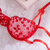 Women Red Embroidered Heart-Shaped Bra Sexy Hollow Sexy Lingerie Two-Piece Set