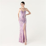 Women Beaded Sequined Wrap Dinner Party Evening Dress