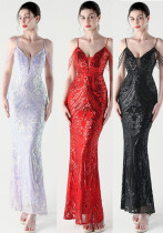 Women Formal Party Sequined Beaded Fishtail Evening Dress