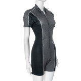 Women Sexy Contrast Color Zipper Stretchy Jumpsuit