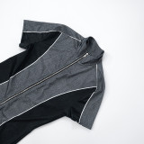 Women Sexy Contrast Color Zipper Stretchy Jumpsuit