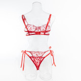 Women Red Embroidered Heart-Shaped Bra Sexy Hollow Sexy Lingerie Two-Piece Set
