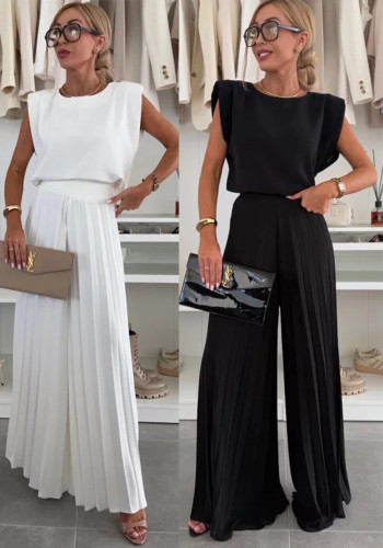 Women Summer Pleated Top and Pleated Wide Leg Pants Two Piece Set