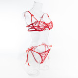Women Red Embroidered Heart-Shaped Bra Sexy Hollow Sexy Lingerie Two-Piece Set