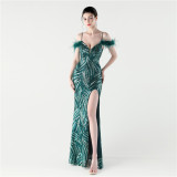 Women Stitched Cross Lace-Up Shiny Slit Evening Dress