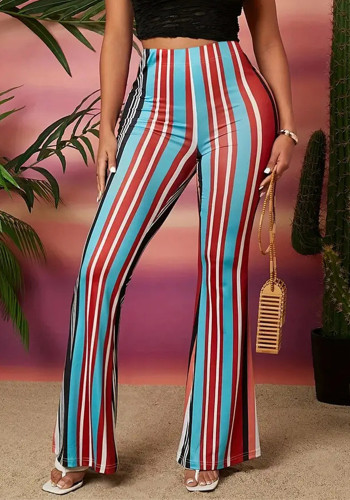 Women Pu-Leather striped print Bell Bottom Pants
