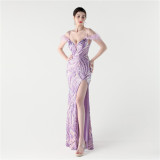 Women Stitched Cross Lace-Up Shiny Slit Evening Dress