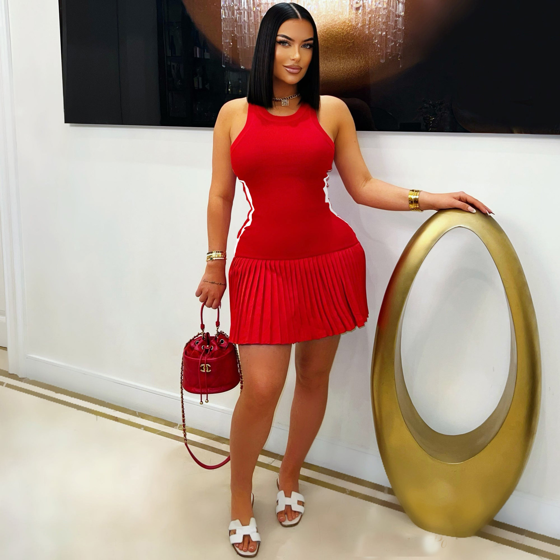 Ribbed Sleeveless Pleated Dress for Summer Casual Wear