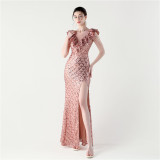 Women Floral Mesh See-Through Slit Mermaid Evening Dress