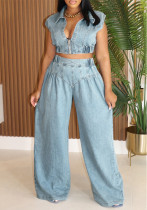 Women Denim Sexy Sleeveless Top and Pants Two Piece Set