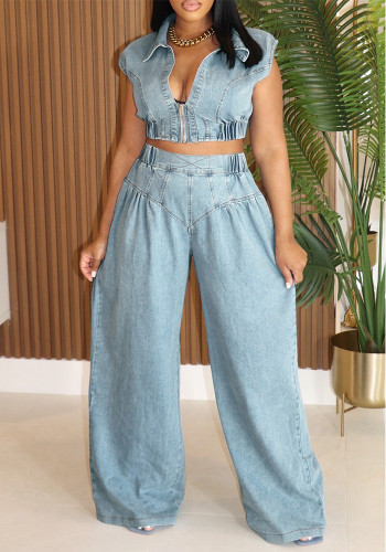 Women Denim Sexy Sleeveless Top and Pants Two Piece Set