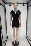 Women Turndown Collar Short Sleeve Ribbed Sexy Dress