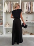Women Summer Pleated Top and Pleated Wide Leg Pants Two Piece Set