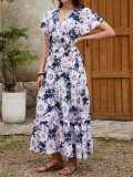 Women V-neck ruffle print Holidays dress