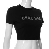 Women Beaded Round Neck Short Sleeve T-Shirt Crop Top