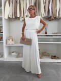 Women Summer Pleated Top and Pleated Wide Leg Pants Two Piece Set