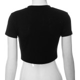 Women Beaded Round Neck Short Sleeve T-Shirt Crop Top