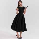 Women Spring Summer Solid Round Neck Backless Dress