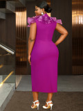 Women Half-High Neck Beaded Mesh Patchwork Split Party Dress